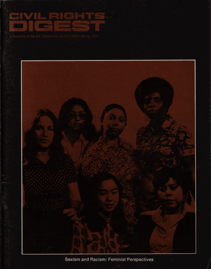 The 1974 Civil Rights Digest cover featuring six women of color posing together under the title “Sexism and Racism: Feminist Perspectives,” tinted in sepia tones.